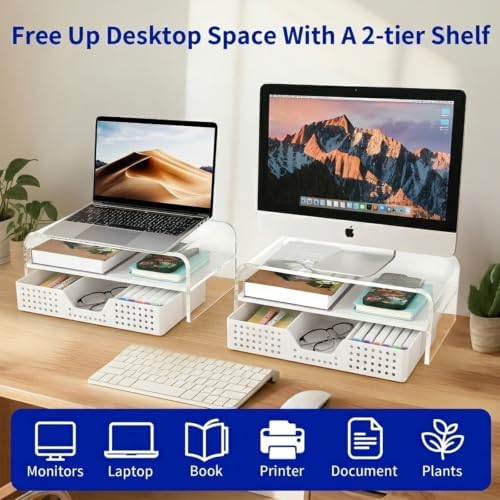 OPNICE Desk Organizer and Accessories, 2-Tier Computer Monitor Stand Riser with Drawer and 2 Pen Holders, Laptop Stand, Office Desk Accessories for Office Supplies, Transparent - Image 3