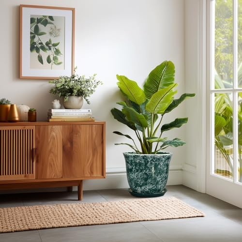 Ceramic Planter - 12 Inch Pots for Plants with Drainage Hole and Saucer, Round Planter for Indoor Outdoor, Large Plant Pot, Modern Planters, Garden Patio Decor, House Warming Gifts, Green - Image 6
