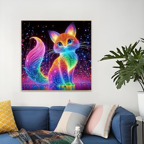 OJTOYART Fluorescence Cat Diamond Art Painting Kits for Adults, 5D Animals Round Full Drill Diamond Painting, DIY Round Full Drill Dots Painting with Gem Art Craft for Home Wall Decor 12 x 16 Inch - Image 5