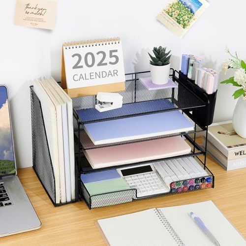 OPNICE Desk Organizer, 4-Tier Desktop File Organizer with Drawer and Pen Holders, Office Desk Accessories, File Sorters, Workspace Organizers for Office Supplies(Black) - Image 4