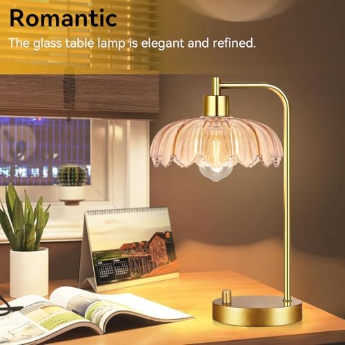 ILLMTW Glass Table Lamp Set of 2,Small Gold Bedside Lamps Dimmable Boho Bedroom Lamp with Tulip Flower Amber Lamp Shade,Vintage Mid Century Modern Mini Nightstand Lamp for Bedroom Living Room - Image 3
