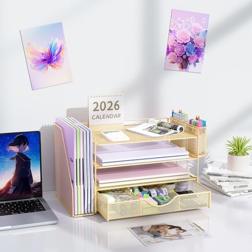 gianotter Desk Organizers and Accessories with File Holder, 4-Tier Desk Accessories & Workspace Organizers with Drawer and 2 Pen Holder, Paper Organizer for Office Supplies(Gold) - Image 7