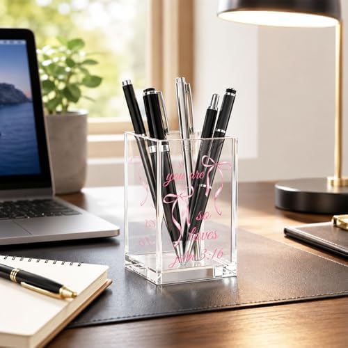 Pink Bow Acrylic Pen Holder Cup, Coquette Desk Decor with Inspirational Bible Verse, Christian Pencil Holder, Cute Office Desk Organizer, Gift for Women - Image 4