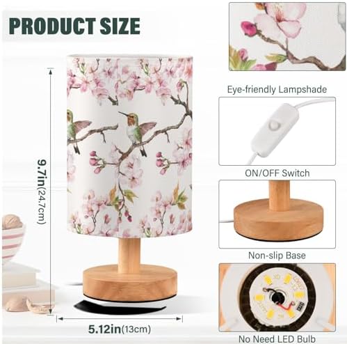 Pink Cherry Blossoms Hummingbird Bedside Table Lamps with USB Port for Bedroom Lamp Table Lamp Small Nightstand Lamp Sturdy Linen Shade Wooden Decorative Lamps for Home Dorm Office Living Room - Image 4