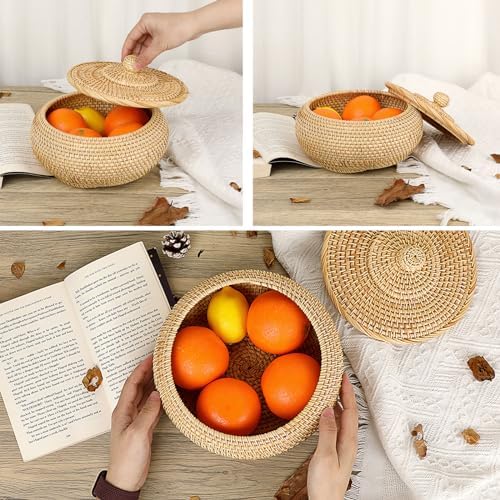 Hipiwe Round Rattan Basket Box with Lid Small Hand-Woven Wicker Basket Bin - Image 3