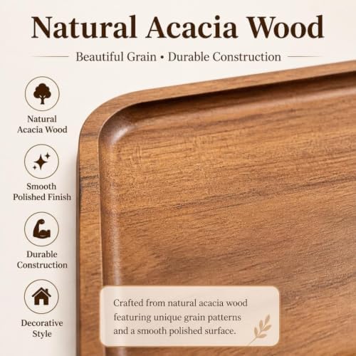 Small Acacia Wood Serving Tray Wooden Vanity Tray Bathroom Counter Organizer Coffee Bar Tray Mini Wooden Platter Appetizer Snack Serving Board Decorative Wood Tray Brown, Round - Image 3