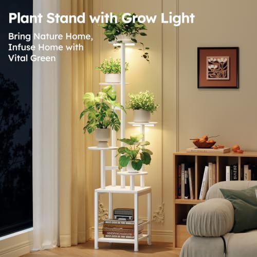 Homsorout Plant Stand Indoor with Grow Light, 6-Tiered Tall Plant Stand Indoor, Metal Plant Shelf with Hanging Basket Hook and Adjustable Light, Ideal for Living Room, Garden, Round Patio white - Image 2