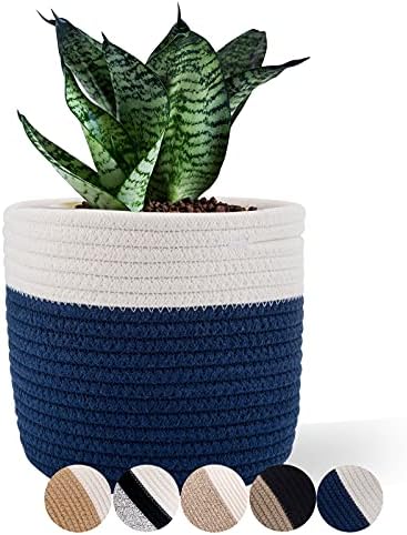 Cotton Rope Woven Baskets for 6" Pot White Stitching Navy Blue by Oradrem