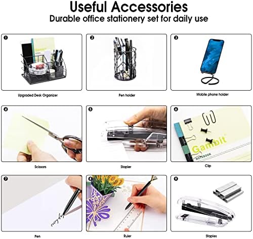KAAKOW Black Desk Organizers and Accessories Office Supplies Set Stapler, Pen Holder, Phone Holder, Scissors, Pen, Ruler, 30 Paper Clips, 22 Binder Clip, 20 Tacks and 1000pcs Staples - Image 5