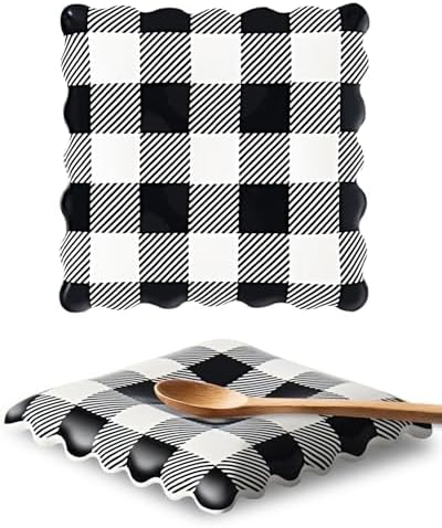 Ceramic Spoon Rest, Coffee Spoon Rest for Stove Top, Black Gingham by Swkien