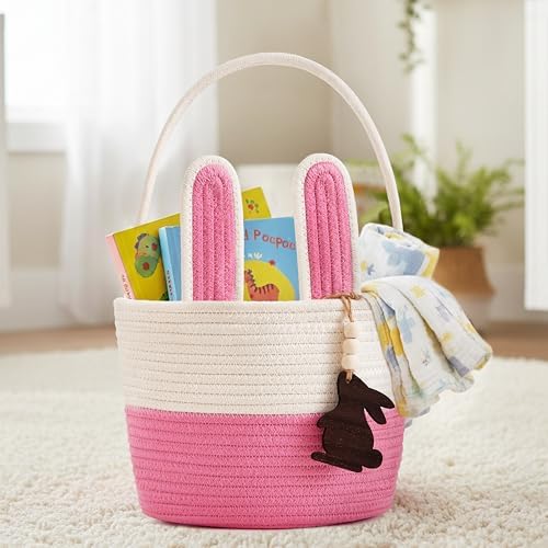 Pro Goleem Easter Basket for Kids, Adorable Woven Egg Hunt Bucket with Handle, Soft First Easter Gift Tote Bag, Nursery Toy Storage Bin with Tag(Pink) - Image 3
