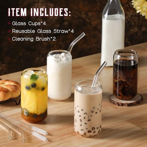 NETANY Drinking Glasses with Glass Straw 4pcs Set - 16oz Highball Glass Cups, Beer Glasses, Iced Coffee Glasses, Cute Tumbler Cup, Ideal for Whiskey, Soda, Tea, Water, Gift, 2 Brushes - Image 2