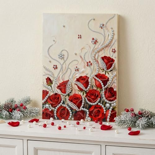 DIY Pearl Painting with Frame, Creative Design, Handmade Stress-Relieving Home Wall Decoration, Includes Frame and Tools-Red Rose-2 - Image 2