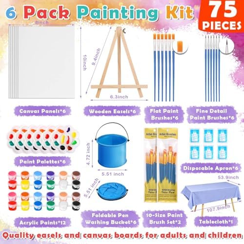 Flasoo 6 Pack 8x10 Canvas Painting Kit, 75 PCS Sip and Paint Kit, Paint and Sip Kit for Adults with Acrylic Paint, 32 Brushes, Palettes, Aprons, Tablecloth, Folding Cups for Paint Night, Gift - Image 3