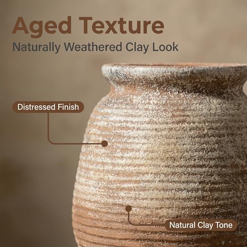 Rustic Terracotta Pot, 7 Inch Short Farmhouse Vase with Weathered Texture, Boho Home Decor for Pampas Grass, Tabletop, Mantel and Shelf Styling - Image 2