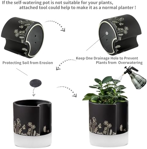 Nihow Self Watering Pots for Indoor Plants,8 Inch,Black Hand Painting - Image 4