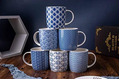 Set of 6 11.5 oz Coffee Mugs with Blue and White Geometric Patterns, Ceramic Tea Cup Set - Image 2
