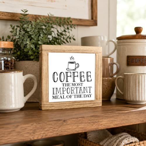 Coffee Kitchen Decor Sign, Most Important Meal Of The Day Wood Plaque, Funny Coffee Station Shelf Sitter, Rustic Breakfast Bar Counter Accent For Cafe Corner, 5.9 x 5.9 in - Image 3