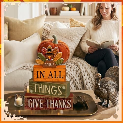 Moucuny 4 Pcs Turkey Wood Block Signs Fall Thanksgiving Tiered Tray Decor - Image 4