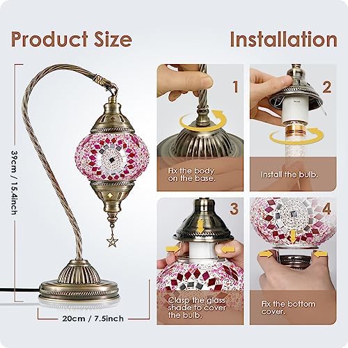 Yarra-Decor Turkish Moroccan Lamp with Bronze Base 3 Color Options Handmade Swan Neck Mosaic Glass Bedside Lamps for Bedroom (LED Bulb Included)(Red1) - Image 7