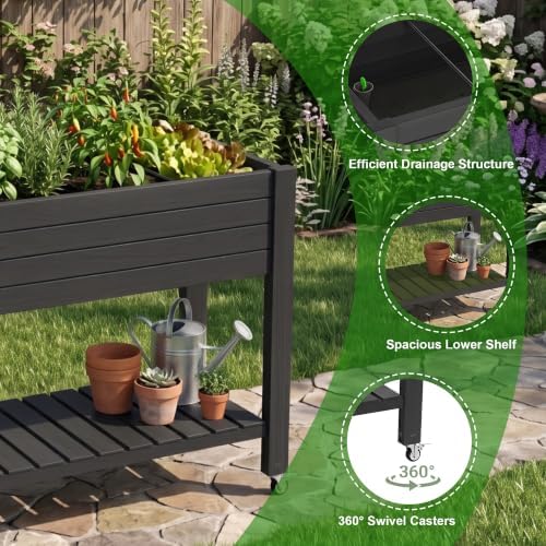 Elevated Resin Raised Garden Bed, 33.7in Height Raised Planter Box with Drainage Holes, Lockable Rotating Wheels & Bottom Storage Shelf, Stake Support, Easy Assembly for Patio Lawn Backyard Balcony - Image 5