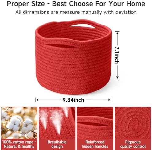 3 Pack Small Rope Storage Baskets, 9.82×9.82×7.1", Red - Image 2