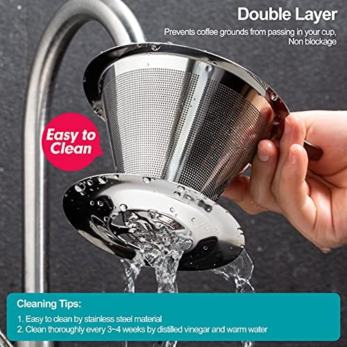 Laiyeoy Pour Over Coffee Dripper, Slow Drip Paperless Coffee Filter, Stainless Steel Pour Over Coffee Maker for Single Cup Brew, Double Mesh Design of Manual Reusable Cone Filter. - Image 5