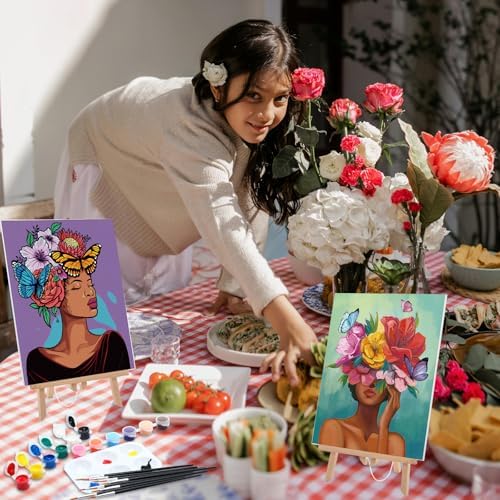 Ctosree 12 Pack Paint and Sip Kit Pre Drawn Canvas, Flower Lady, 10x8'' - Image 5