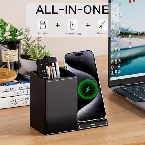 LADSTAG Pen Organizer with Phone Stand,Black Vegan Leather Desk Organizers with Remote Control Holder,Pencil Holder for Desk,Desk Organizer with Phone Charger for Office/Nightstand/Endtable - Image 3