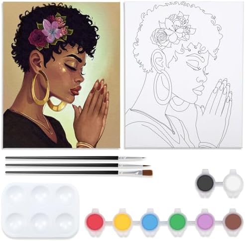 VOCHIC Canvas Painting Kit Pre Drawn Canvas for Painting for Adults Paint and Sip Party Supplies Art Set Afro Pray Woman 8x10 Inches by VOCHIC