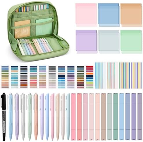 135 Pcs Book Annotation Kit Aesthetic Pencil Case Bag 12 Highlighter 11 Gel Pen 1 Marker 300 Sheet Transparent Sticky Notes Pad 2640 Index Stickers Bible Study Supplies(Kawaii,Green) by Trandraft