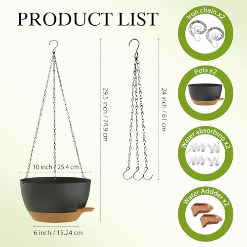 10 Inch Hanging Baskets 2 PC with Chains, Self-Watering Hanging Planters for Indoor Outdoor Plants, Plastic Hanging Flower Pots,Black Brown - Image 2