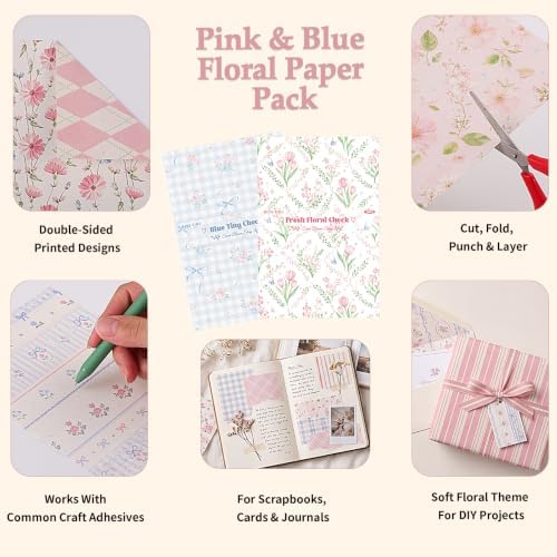 Scrapbook Paper Pink Blue Double Sided Floral Decorative Paper Pack for Card Making Junk Journals Wedding Invitations Photo Albums Decoupage Origami DIY Paper Crafts - Image 6