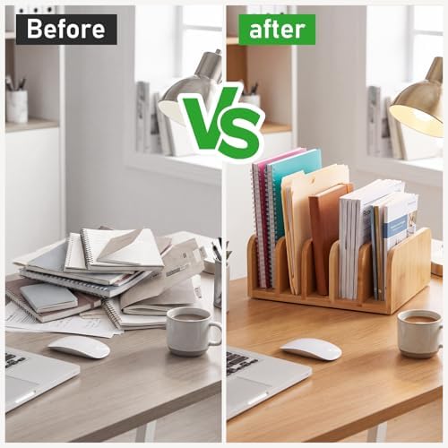 Lineshading Bamboo Letter Organizer, 5 Compartments Desk Mail Organizer, Desktop Envelope Holder and Letter Sorter, Countertop Paper File Holders with Anti Slip Mat for Home Office(Bamboo Color) - Image 3