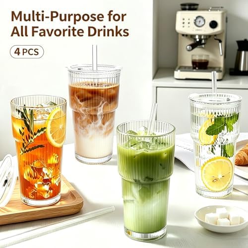 4PCS 20oz Glass Cups with Lids and Straws, Iced Coffee Cups with Lids, Stylish Ribbed Thick Drinking Glasses Tumbler for Juice, Smoothies, Cold Beverages, Cute Cup Gifts with Clean Brush - Image 2