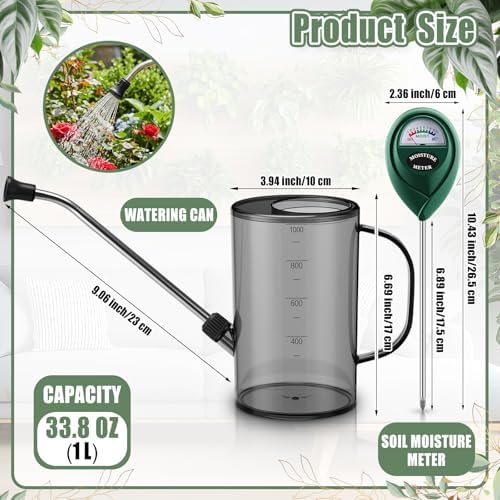 Plants Watering Can for Indoor Plants with Long Stainless Steel Spout & Soil Moisture Meter Long Spout Watering Cans for House Plant, Pot Flower, Succulent, Garden(Gray,1 L,Cylindrical) - Image 2