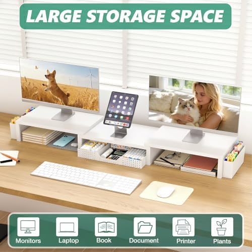 OPNICE Desk Organizer and Accessories, Computer Monitor Stand Riser with Drawer and 2 Pen Holders, Laptop Stand, Office Desk Accessories for Office Supplies, White - Image 6