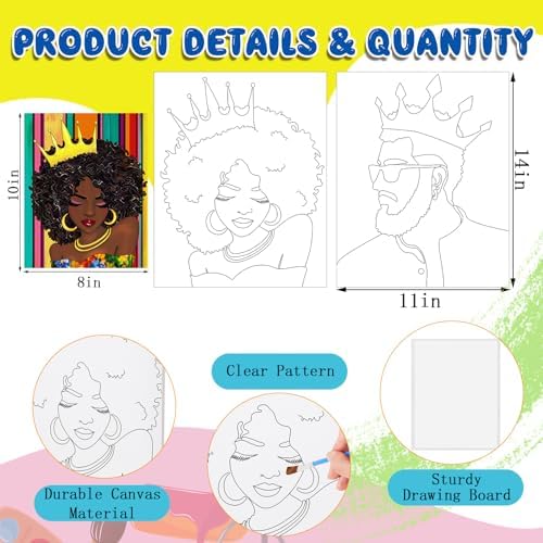 Yeaqee 13 Pcs Sip and Paint Kit for Adults Stretch Canvas Date Night Valentines Painting Kit Supplies Art Painting Set Outline Design Blank Stretch Canvas for Couple Party(Afro King Queen,11x14) - Image 2