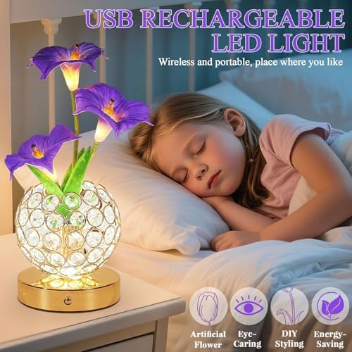 Flower Table Lamp, 3 Colors Touch Stepless Dimming Crystal Night Light, Rechargeable Artificial Morning Glory Light, LED Flower with Vase Lamp Romantic Decor for Date Party Home (Morning Glory-Purple) - Image 5