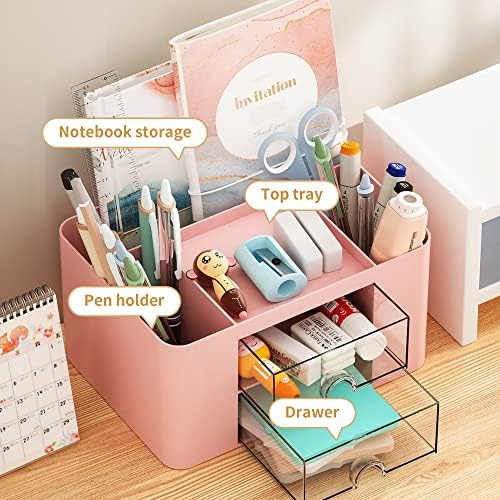Marbrasse Pen Organizer with 2 Drawer, Multi-Functional Pencil Holder for Desk, Desk Organizers and Accessories with 5 Compartments + Drawer for Office Art Supplies (Pink) - Image 2