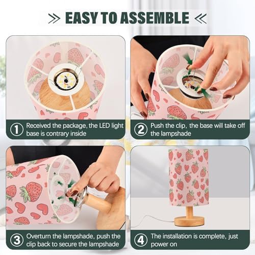 Cute Cartoon Strawberries and Hearts Doodle Bedside Table Lamps with USB Port for Bedroom Lamp Table Lamp Small Nightstand Lamp Sturdy Linen Shade Decorative Lamps for Home Room Kids Reading Nursery - Image 6