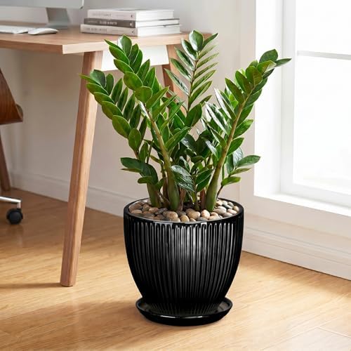 10 Inch Planter, Ceramic Plant Pots with Drainage Hole and Saucer, Large Decorative Planters for Indoor Plants, Modern Plant Pot, Round Flower Pot, House Bedroom Decor, Black - Image 3