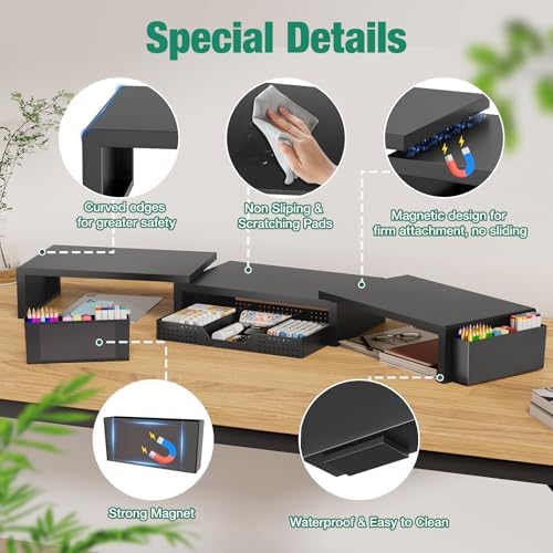 OPNICE Desk Organizer and Accessories, Computer Monitor Stand Riser with Drawer and 2 Pen Holders, Laptop Stand, Office Desk Accessories for Office Supplies, Black - Image 3