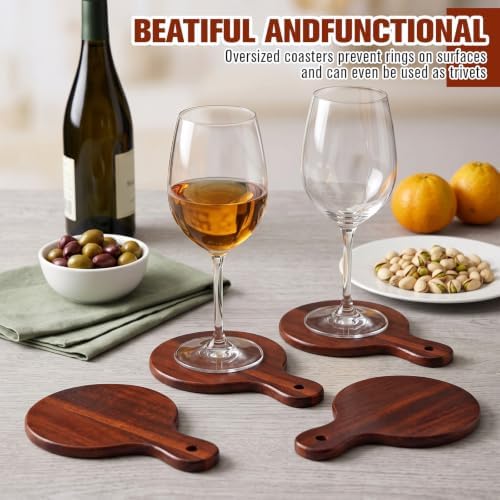 6 Set Acacia Wood Coasters with Handle, 4x6 in Paddle Shape - Image 4