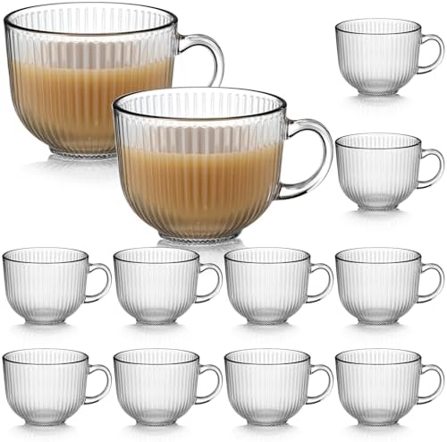 12 Pack Glass Coffee Mugs with Handles, 12 Ounces Glass Breakfast Mugs Bulk, Clear Tea Cups for Hot/cold Drinks, Glassware Set for Americano, Latte, Cappuccino(Ribbed) by Acellegic