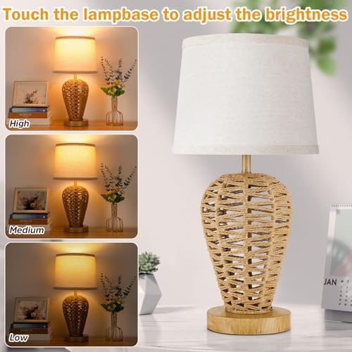 19" Boho Table Lamp with 100% Hand Woven Rattan Body & Wood Grain Finish - Image 3