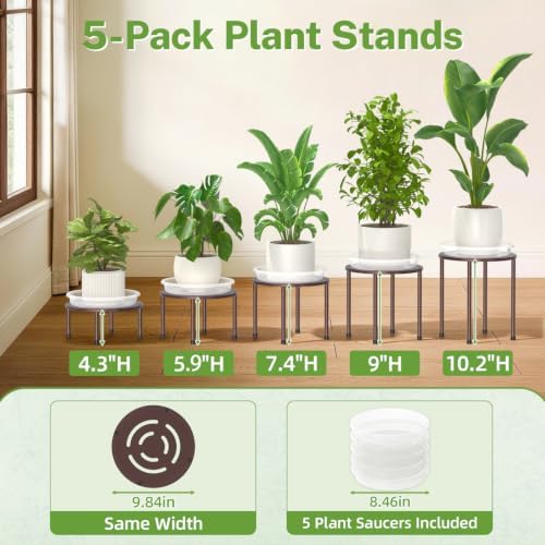 iDavosic.ly 5-Pack Metal Plant Stands with 5 Plant Saucer Tray, 10'' Bronze - Image 2