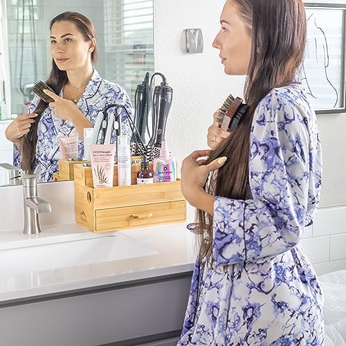 Harzen Brothers Hair Tool Organizer- Bamboo, Blow Dryer Holder, Bathroom Countertop, Vanity Caddy Storage Stand for Accessories, Makeup, Toiletries - Image 2
