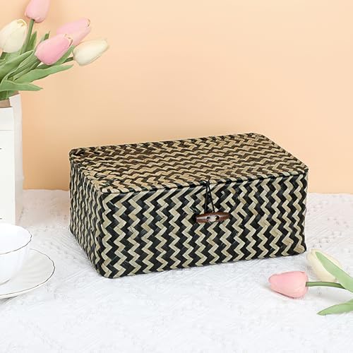 Hipiwe Seagrass Storage Basket Box with Lid Handwoven Wicker Bins for Shelf - Image 2