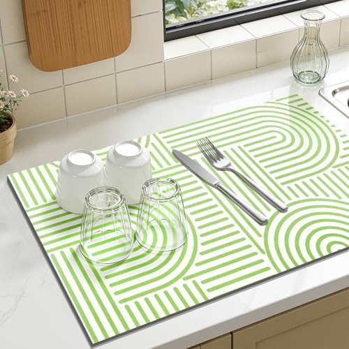 Findosom Geometric Dish Drying Mat, 12" x 20" Absorbent Coffee Mat, Green - Image 4